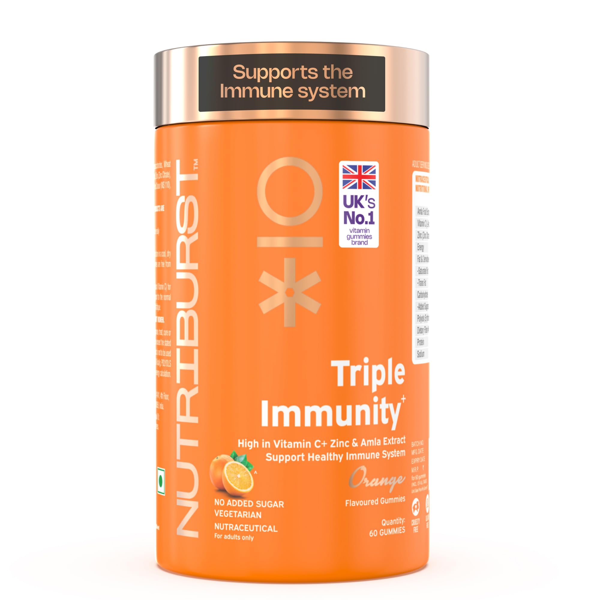 Triple Immunity Gummies with Vitamin C, Zinc and Amla extract | No-Added Sugar | Orange Flavor | 100% Vegetarian | 60 Gummy