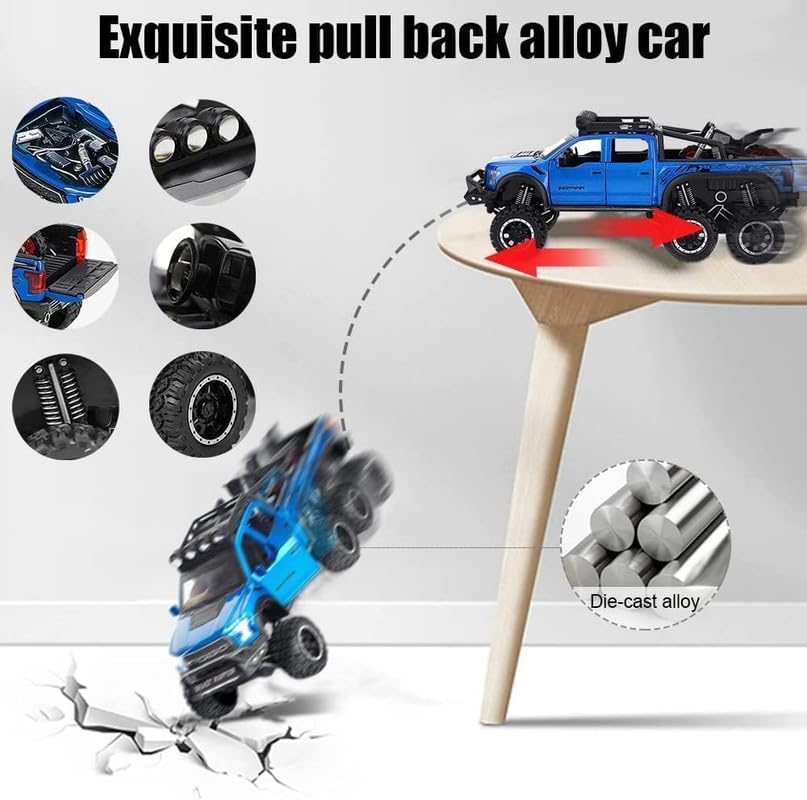 Image of Kids Model 1:24 Raptor F150 Die Cast Metal Car Pull Back Action Opening Doors with Realistic Engine Sound Lights Toy Car Gift for Boys - Blue