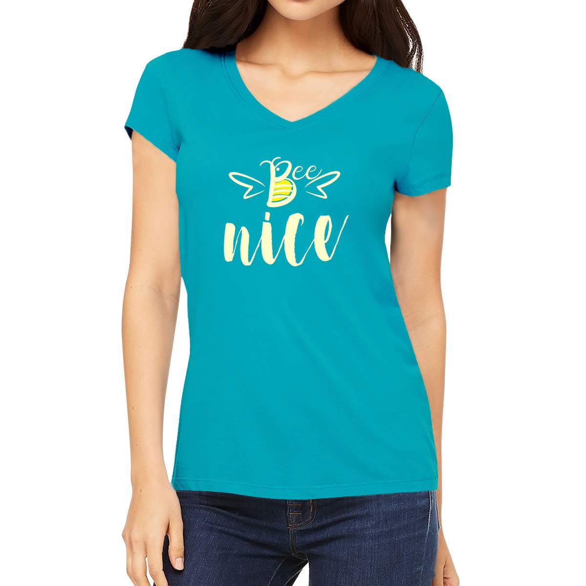 OPLUWomen's Regular Fit Bee Nice Cotton Graphic Printed V Neck Half Sleeves Multicolour T Shirt. Trending, Pootlu, Stylish, Honey bee Tshirts