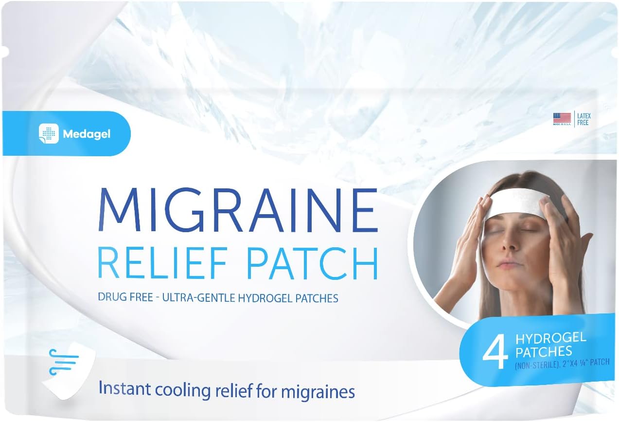 Migraine Relief Patch, Cooling Patches for Migraine, Fever, Hormone, & Headaches, Mess & Odor-Free Hydrogel Cooling, Made in the USA, 1 Pack (4 x Patches) White