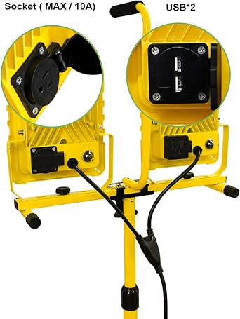 20000 Lumens Work Light with Stand, Dual Head LED Work Light with USB & Socket, 10 Feet Cord Waterproof Portable Light with Individual Switch, LED Flood Light, 72 with Adjustable Metal Telescopic