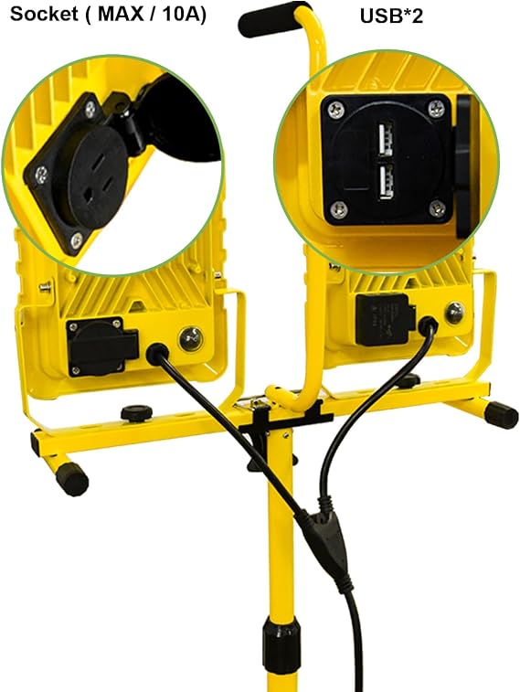 20000 Lumens Work Light with Stand, Dual Head LED Work Light with USB & Socket, 10 Feet Cord Waterproof Portable Light with Individual Switch, LED Flood Light, 72 with Adjustable Metal Telescopic