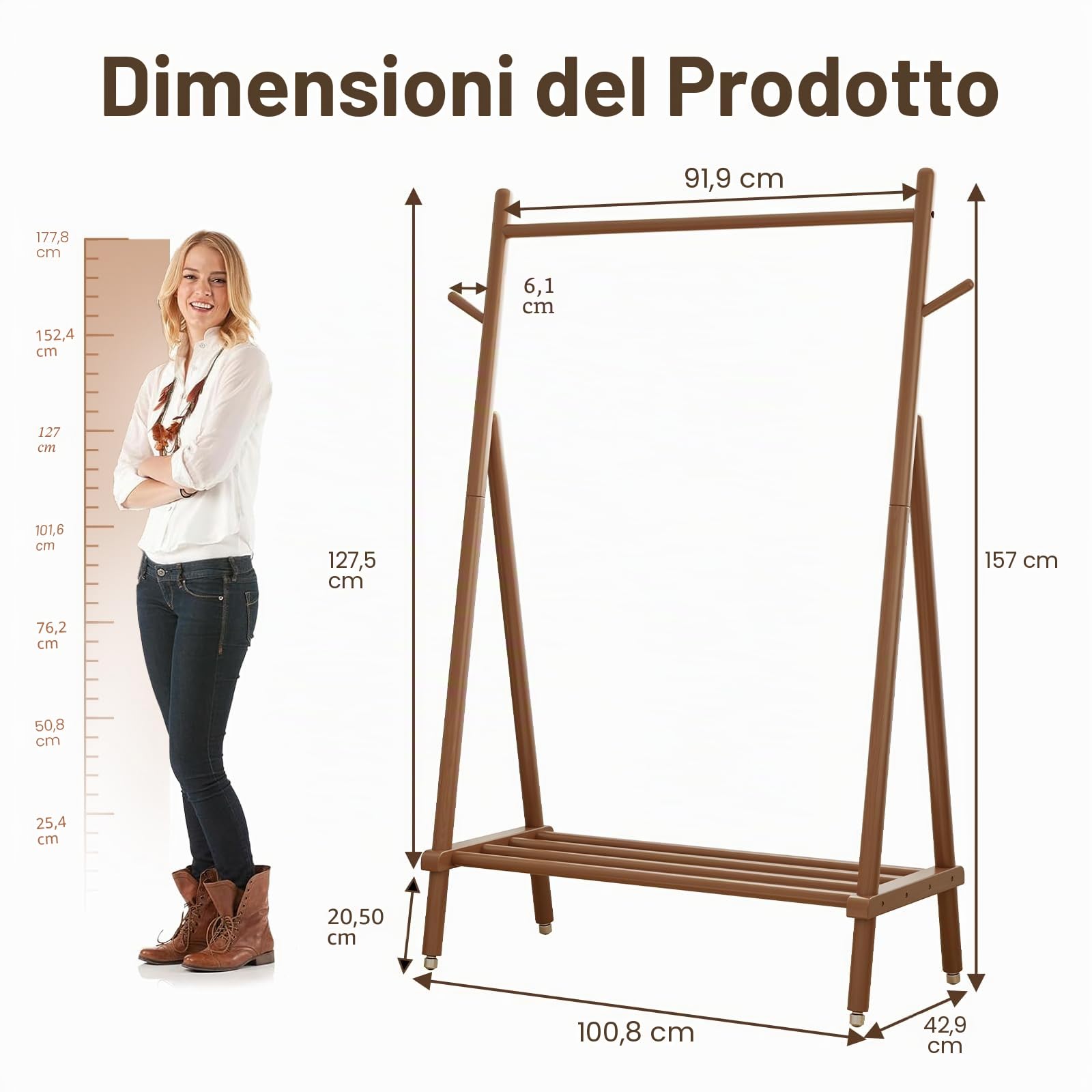 AQIMUELE Stand Appendiabiti con Ruote, Attaccapanni in Legno, 43 x 100 x 157 cm, Appendiabiti da Terra, Resistente, Facile da Montare e Spostare, con Supporto per Scarpe (Noce)