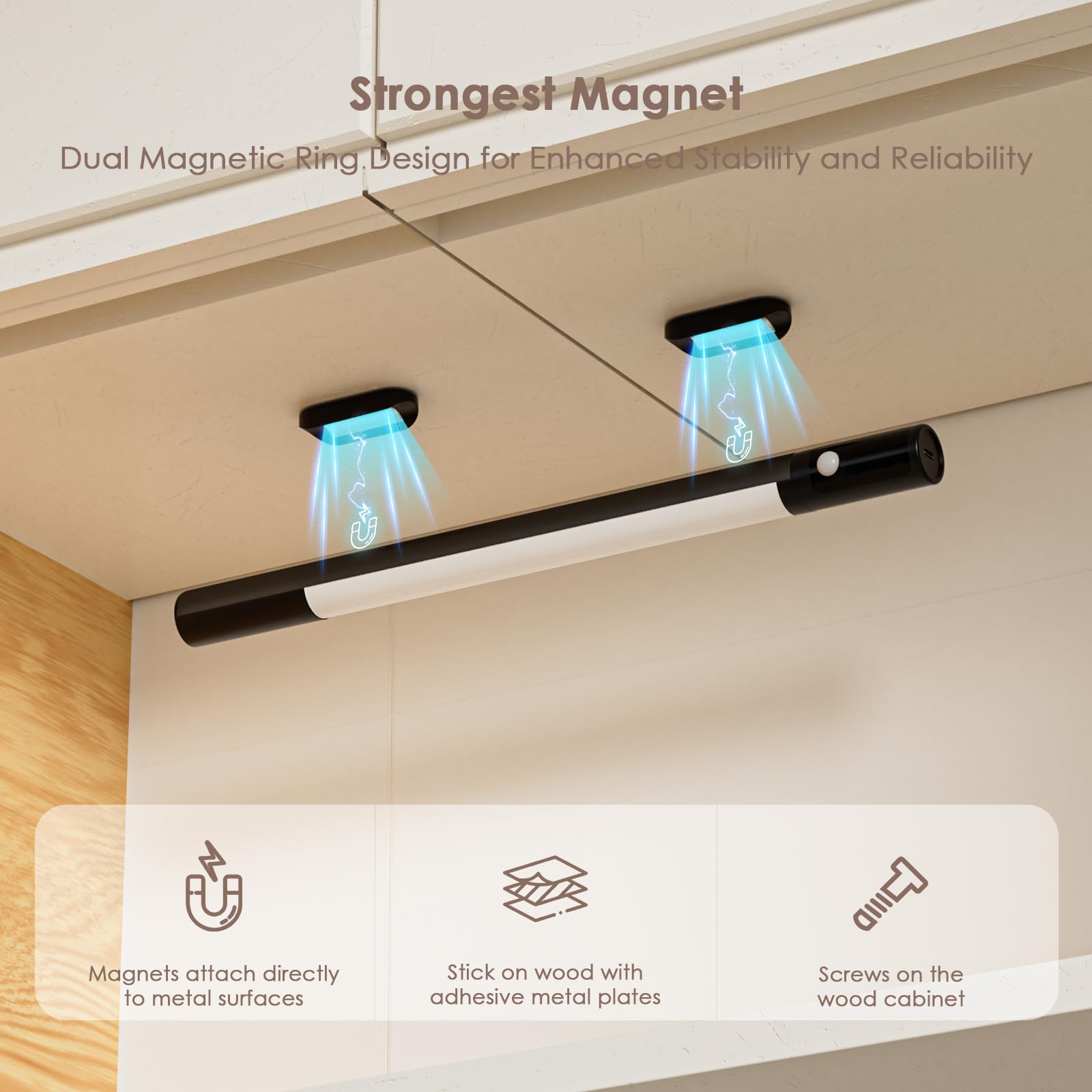 Quntis 38cm Schrankbeleuchtung Kabellos mit Anzeige & Bewegungsmelder 3 Farben Unterbauleuchte Küche LED Schranklicht Dimmbar 2000mAh USB Leiste Flur Bad Keller Kleiderschrank Zimmer Schwarz 2er Set