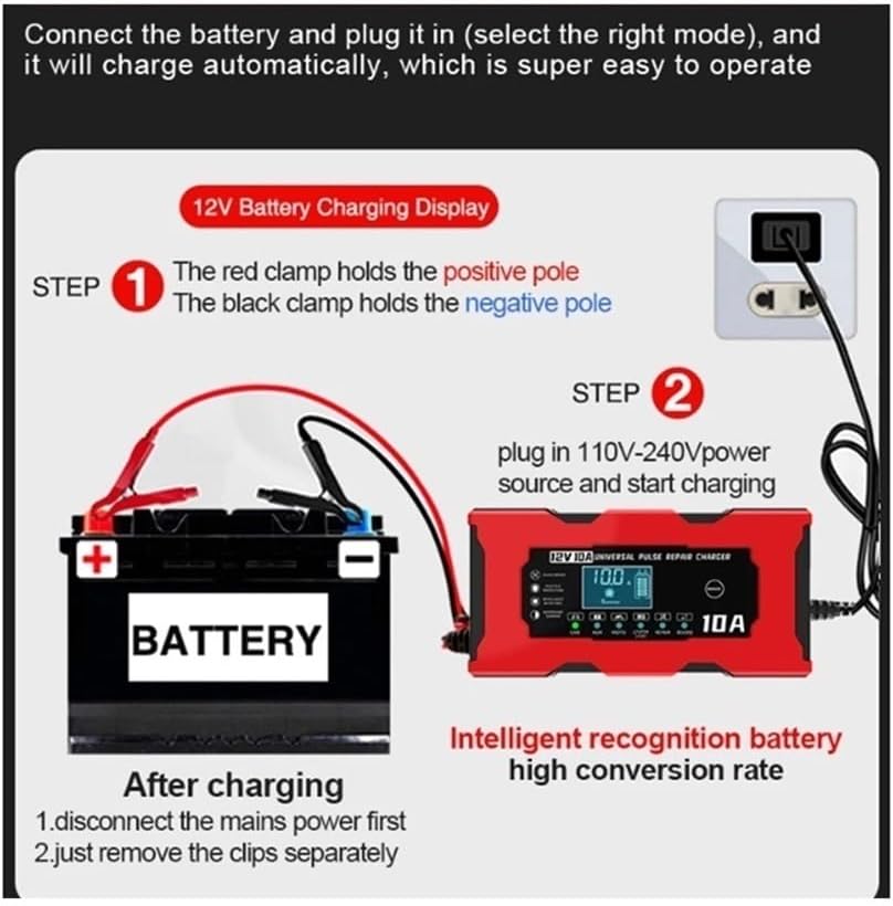 Smart 12V 10A Battery Charger for Car & Motorcycle Batteries(US Plug)