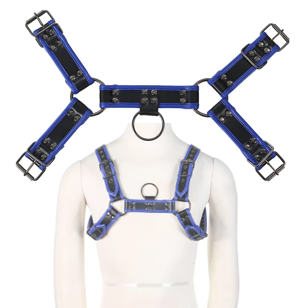 Sangle de Poitrine pour Hommes en Cuir avec Trous d'aération Double bandoulière de Sport - Bleu.