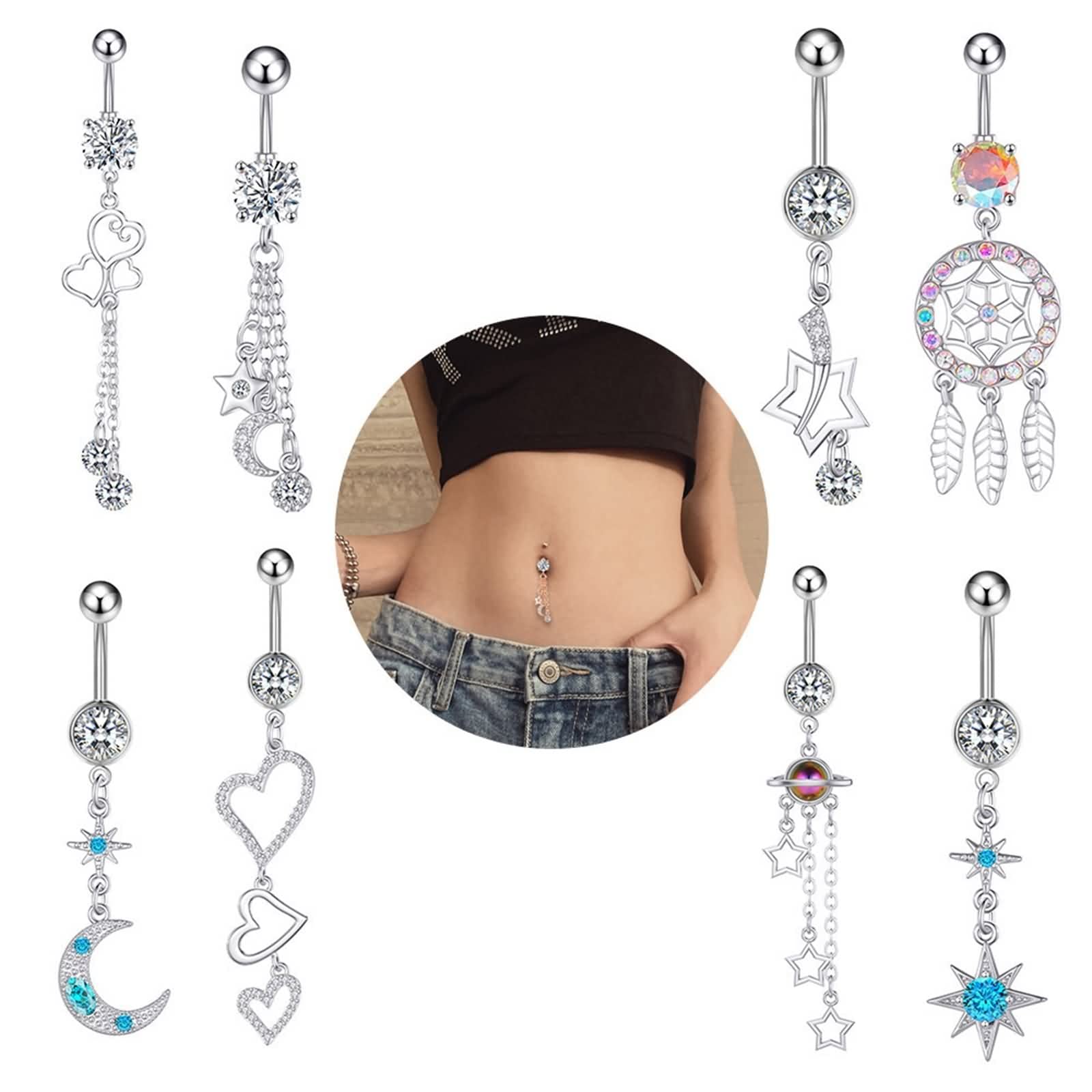 Percing Nombril Lune, Piercing Nombril Bijoux de Piercing Cuivre 14G Etoile Soleil Cadeau Sœur
