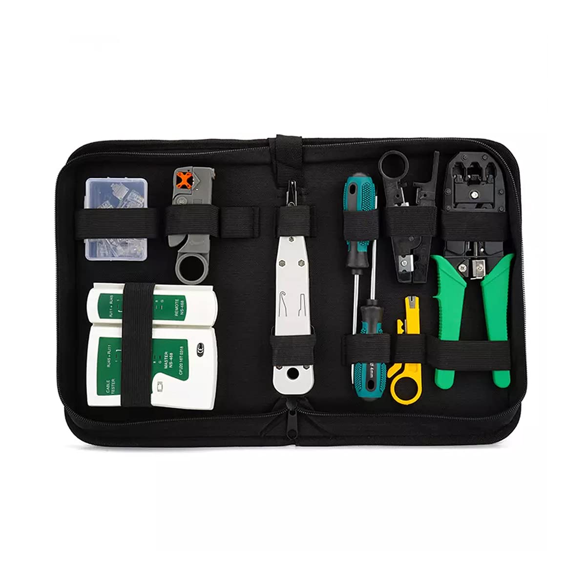 7SEVEN® Network Tool Kit with 3-in-1 Crimping Tool, Punch Tool, Network Tester, Stripper Cutter, Screw Driver(2 Variant), RJ45 Jack and Pouch to Hold All Tools