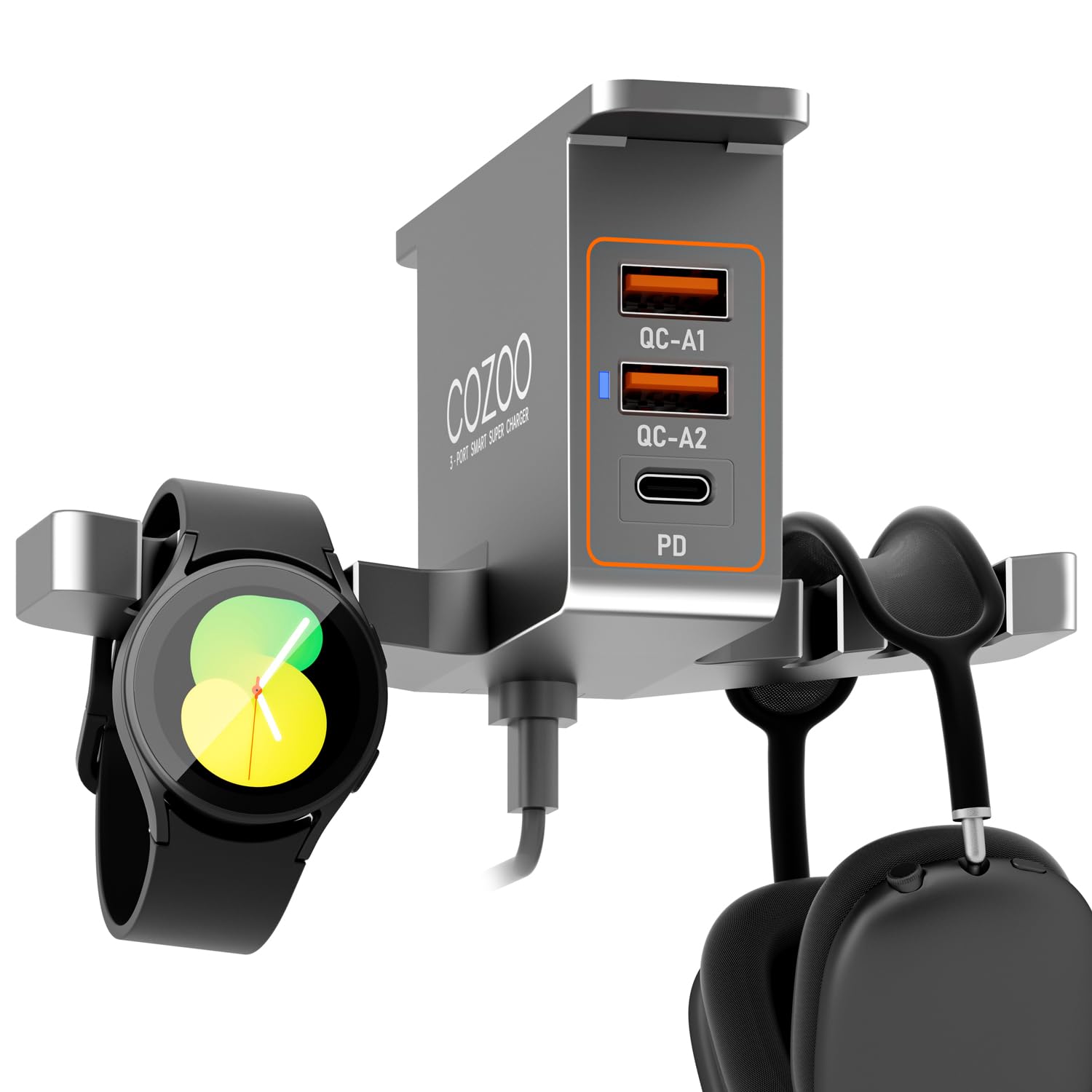 COZOO - Supporto per cuffie in legno di noce con caricatore USB, supporto per cuffie da scrivania, con stazione di ricarica USB a 3 porte e supporto per iWatch, dock di ricarica doppio per auricolari,