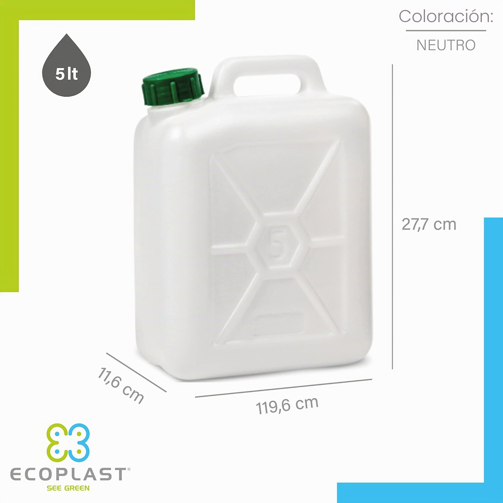 Ecoplast Bidón plástico transparente 5 litros almacenamiento líquidos cierre hermético