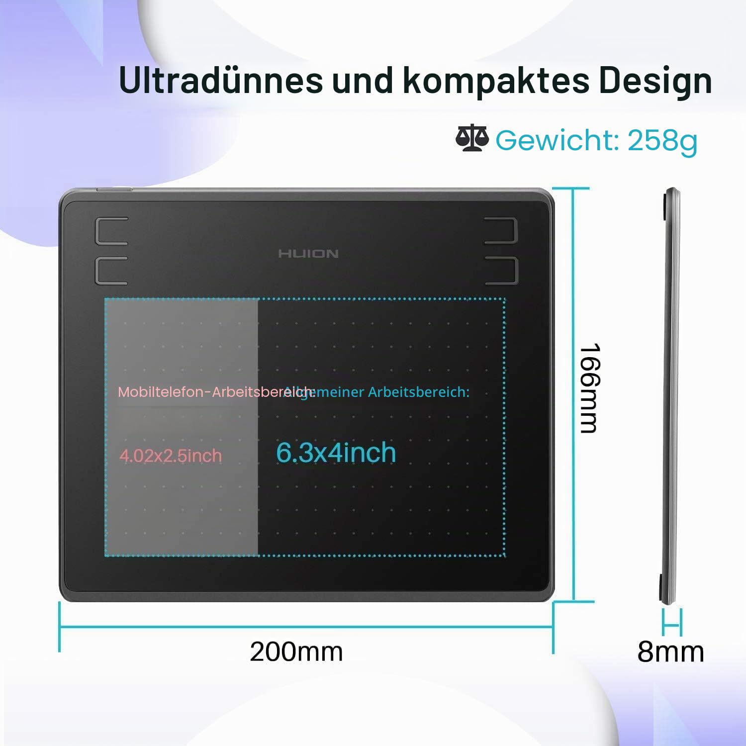 HUION HS64 Grafiktablett mit Batterielosem Stift, 8192 Druckstufen, Zeichentablett für Digitale Kunst, Kompatibel mit Windows Mac Android Linux, Schwarz
