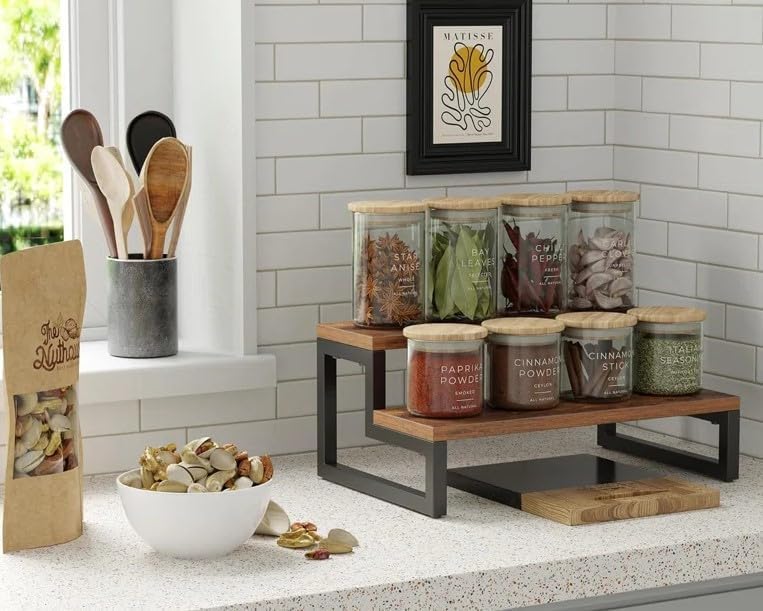 Craft Expertise 2-Step Wooden and Iron Spice Rack Organizer β Multipurpose Cabinet and Pantry Storage Solution, Space-Saving Countertop Spice Holder for Kitchen and Herbs 4