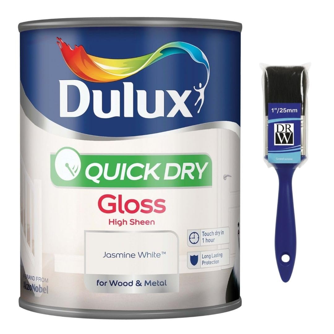 Jasmine White Quick Dry Gloss Paint 750ml+ 1" Paint Brush | Interior Wood and Metal Paint | High Shine Durable Finish | Fast Drying Trim Paint for Doors Skirting Boards Radiators and Furniture