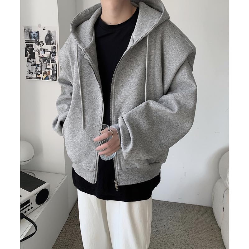 Men's Oversized Zip Up Hoodie Long Sleeve Shoulder Pad Sweatshirt Loose Fshion Solid Color Drawstring Sweatshirts3