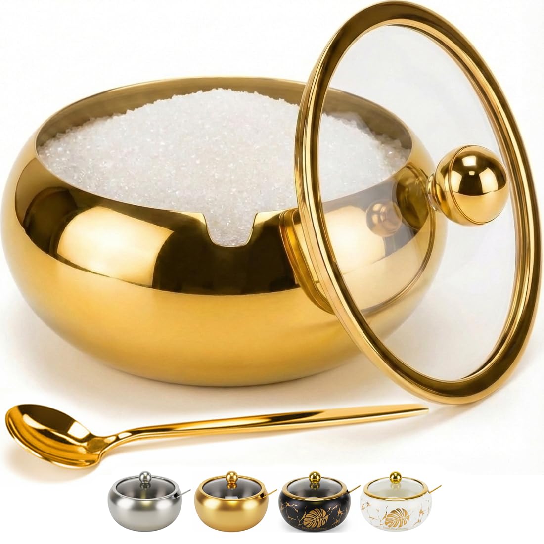 Photo 1 of 15OZ Sugar Bowl with Glass Lid and Spoon, Sugar Container of Coffee Bar Accessories, Stainless Steel Jar for Salt, Tea, Brown Sugar Cube, Dishwasher Safe, Kitchen Decor Countertop Storage, Gold