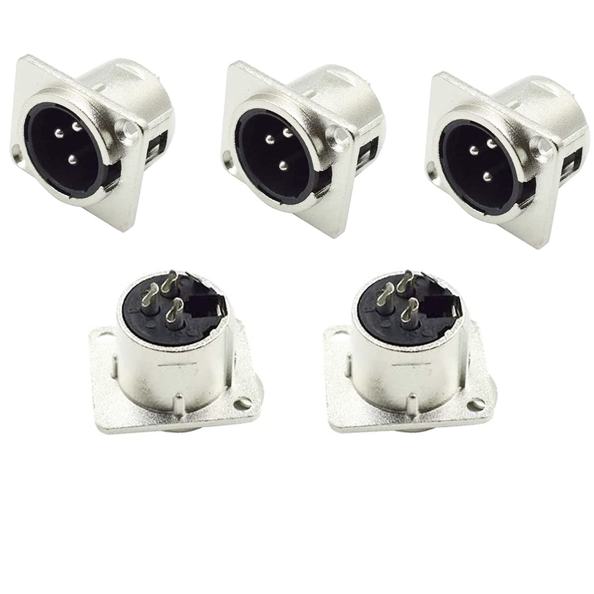 3 Pin XLR Male Socket Metal Panel Mount Chassis Microphone Audio Jack D-Type Connector Adapter, Pack of 5