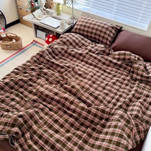 Image of Plaid Duvet Cover Twin Size Red Brown Gingham Buffalo Comforter Cover Set Vintage Checkered Grid Soft Lightweight Microfiber Bedding Set for All Season with Zipper Closure and 1 Pillowcase
