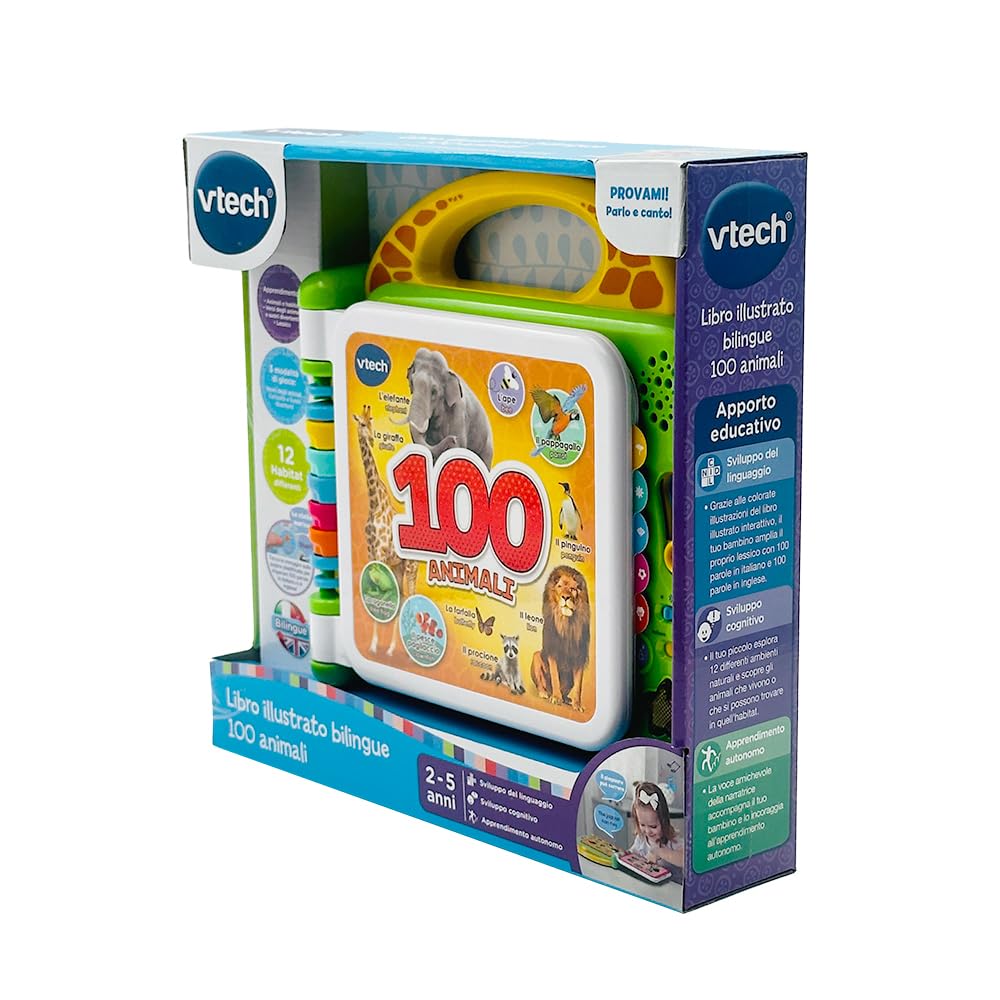 VTech Libro ilustrado bilingüe – 100 Animales para niños, sensorial en Italiano e inglés, bebé con 3 Modos, Pilas Incluidas, 2-5 años