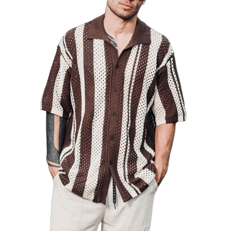 Men's Polo Shirts Short Sleeve Casual Striped Button Down Hollow Out Knit Tops for Golf Beach Vacation