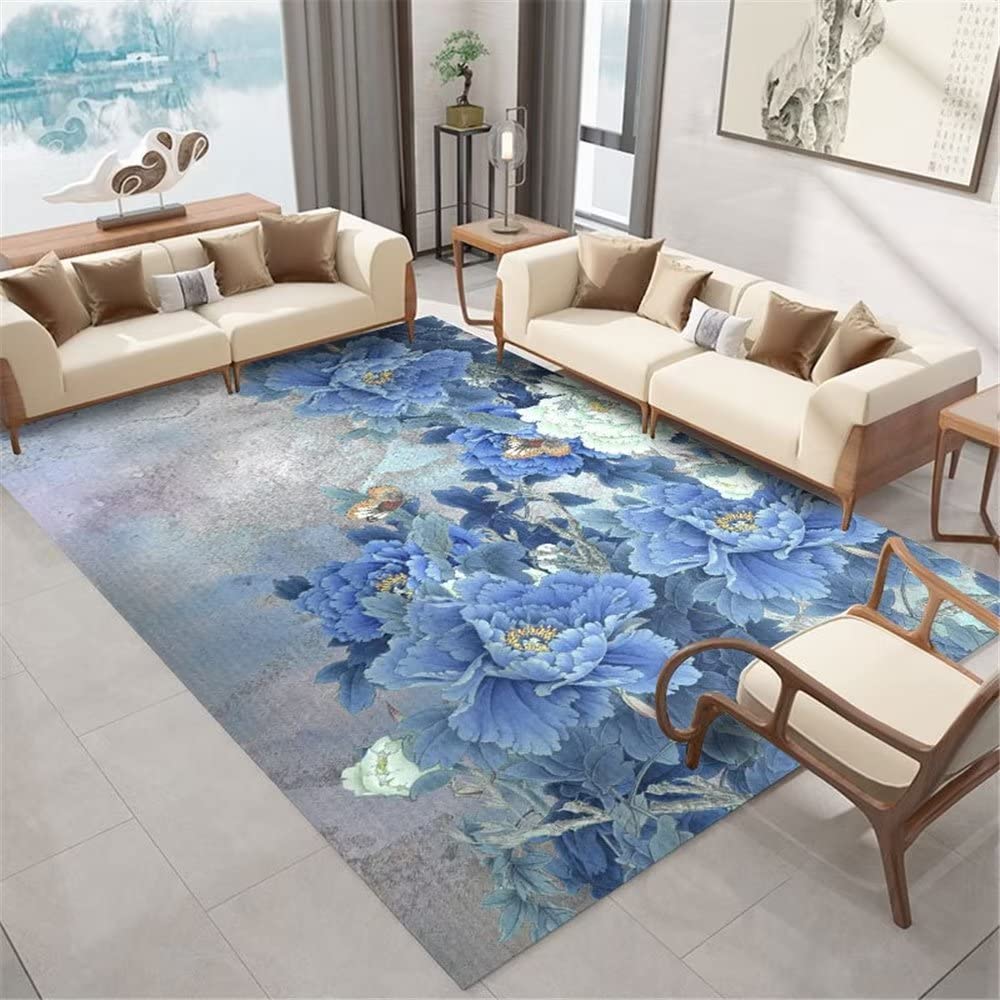Carpette salon tapis bleu motif oriental vintage doux 50x80
