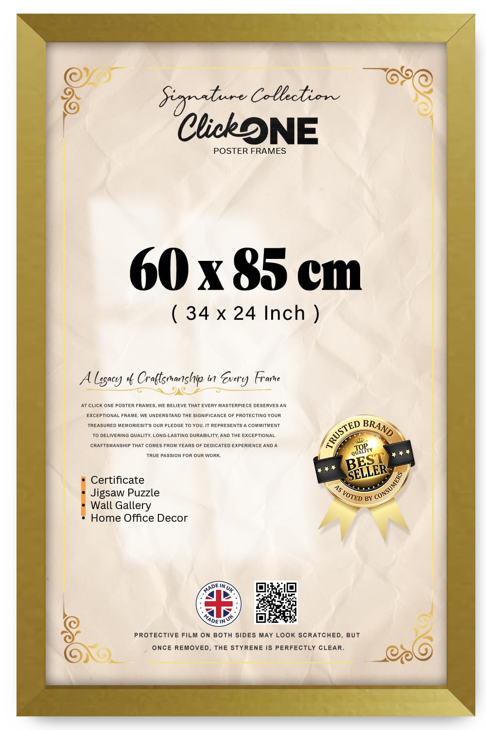 Click One Modern Premium Poster Frame 60 X 85 CM Rectangle Wall Gallery Frame With Engineered Wood Border And Heavy Duty Backing Plus Shatter Resistant Styrene 34 X 24 Inch Gold Finish