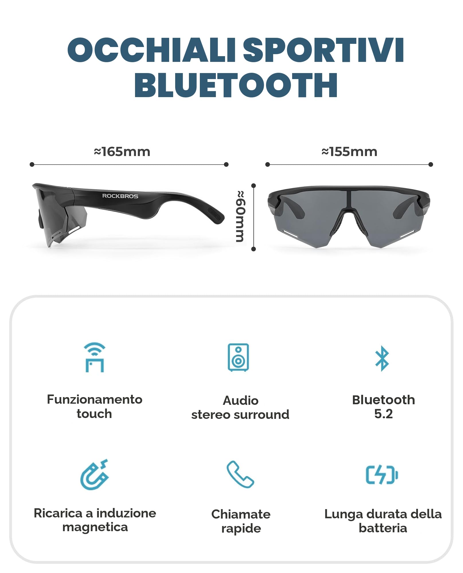 ROCKBROS Occhiali Intelligenti Bluetooth Bici, Occhiali da Sole con Apparecchi Acustici con Lenti Polarizzate Smart Glasses UV400 Open Ear Uomo Donna, per Bicicletta Corsa Guidare
