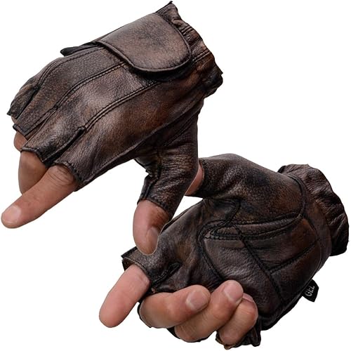 Milwaukee Leather MG7561 - Guantes de mano de motocicleta para hombre, color marrón, de cuero, acolchados, sin dedos, hechos con piel desnuda