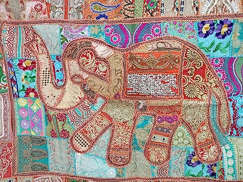 Image of Ekam Art Rajasthani Handmade Heavy Elephant Embroidery Cotton Patchwork Tapestry Cotton Wall Decor Hanging Beaded Tapestries Home Living Room Decor 40 x 60 Inch (Orange)