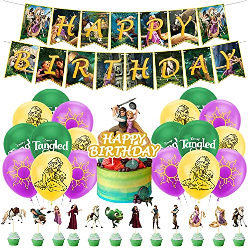 SFODTN Rapunzel Dekorationen, 32 Stück Rapunzel Geburtstagsdeko, Tangled Ballon Set, Prinzessin Luftballons Geburtstagsdeko Set, Birthday Party Banner Cake Topper Ballons Geburtstagsfeier Deko Cover