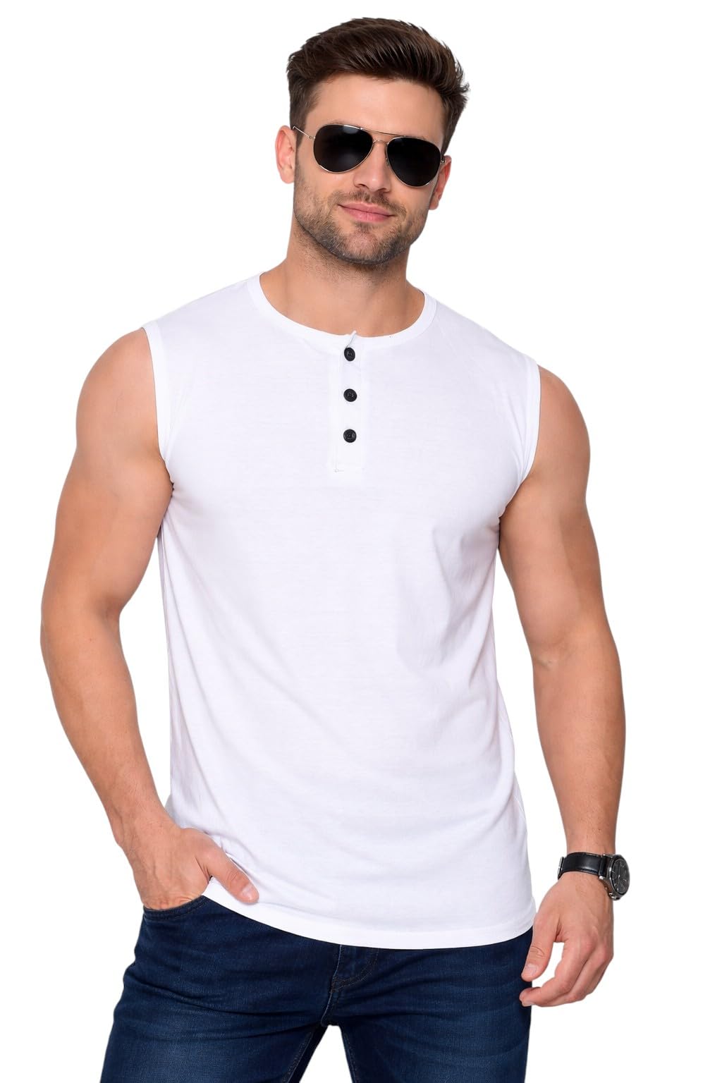 Men's Sleeveless Henley Neck Muscle Fit T-Shirt | Gym Wear & Casual Vest T-Shirt-image-1