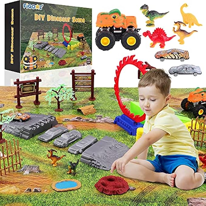 FiGoal Dinosaur Truck with Dinosaurs Accessories DIY Scene Game Series Toys for Kids Perfect for Birthday Gift Classroom Prize and DIY Scene Toys for Boys and Girls