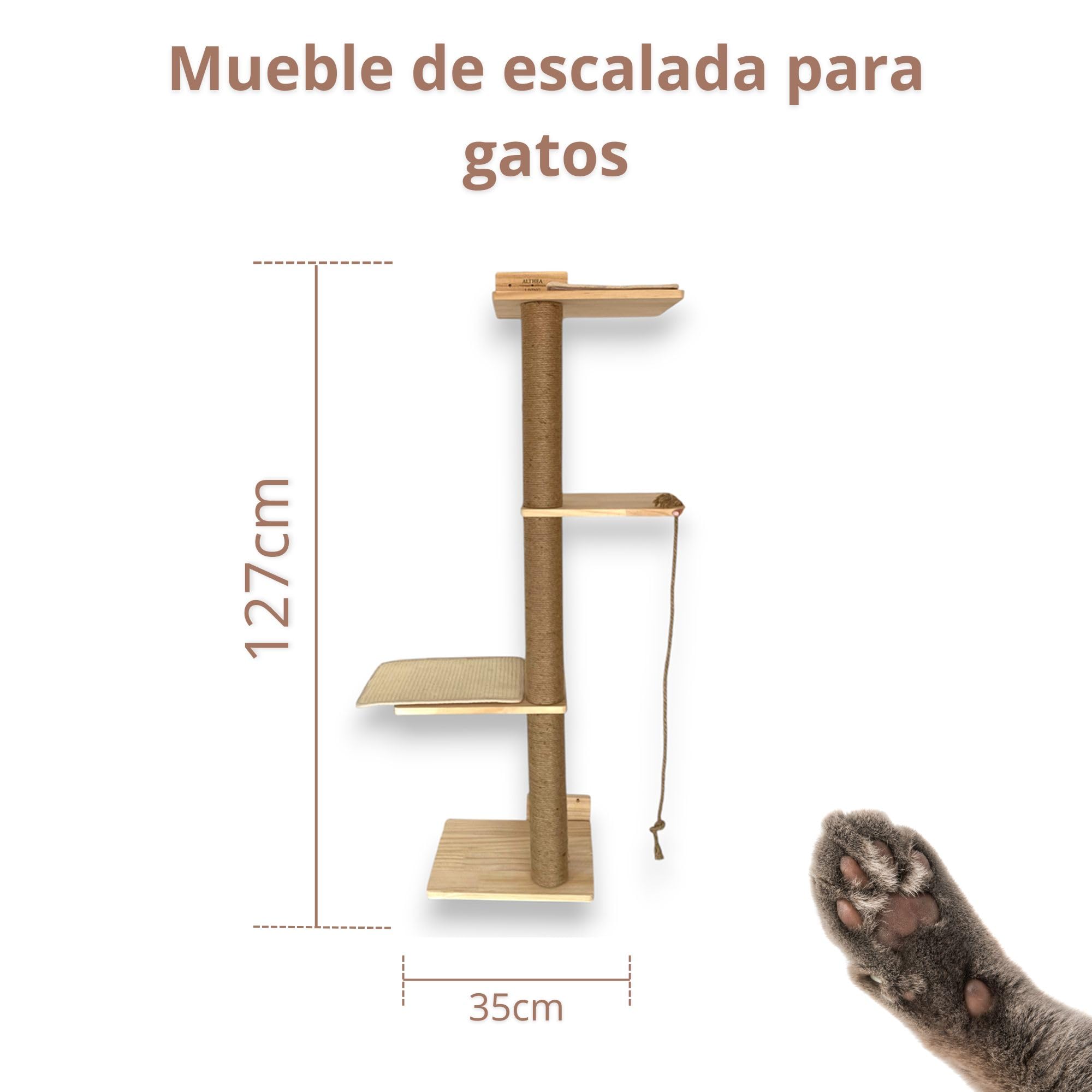 Árbol Rascador para Gatos Interior Salina 127 cm con Sistema Anticaída | Suelo o Pared, Madera de Pino Natural con Sisal y Cuerda de Yute | ALTHEA LIVING