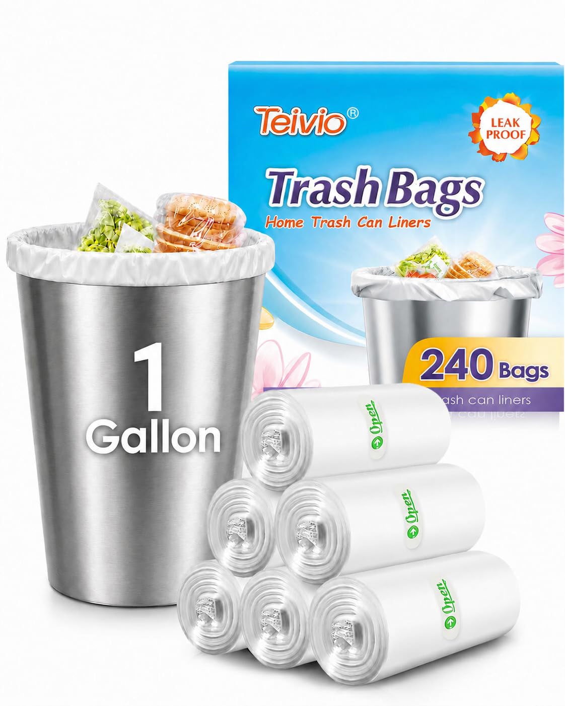 Teivio Mini Clear Trash Bags 1 Gallon 240 Count Unscented Garbage Bags