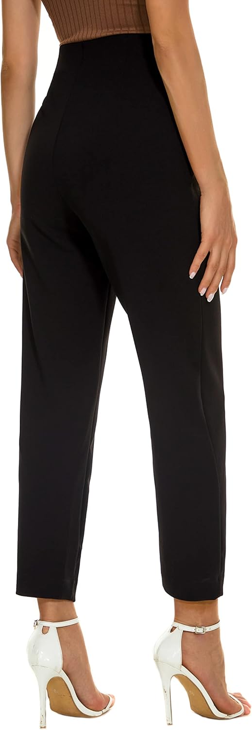 Women's Casual High Waisted Ankle Cropped Pants Elastic Waistband Slant Pockets with Metal Buttons - Image 4