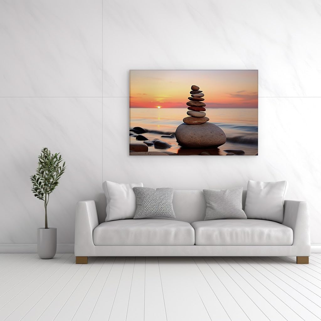 Canvas for Living room. Stacked Stones at Sunset � A Portrait of Calm on the Colorful Horizon, 27 x 18 inch Canvas Wall Art - Contemporary Masterpieces - Modern Home Decor - 100x66 cm (39x26 inch)
