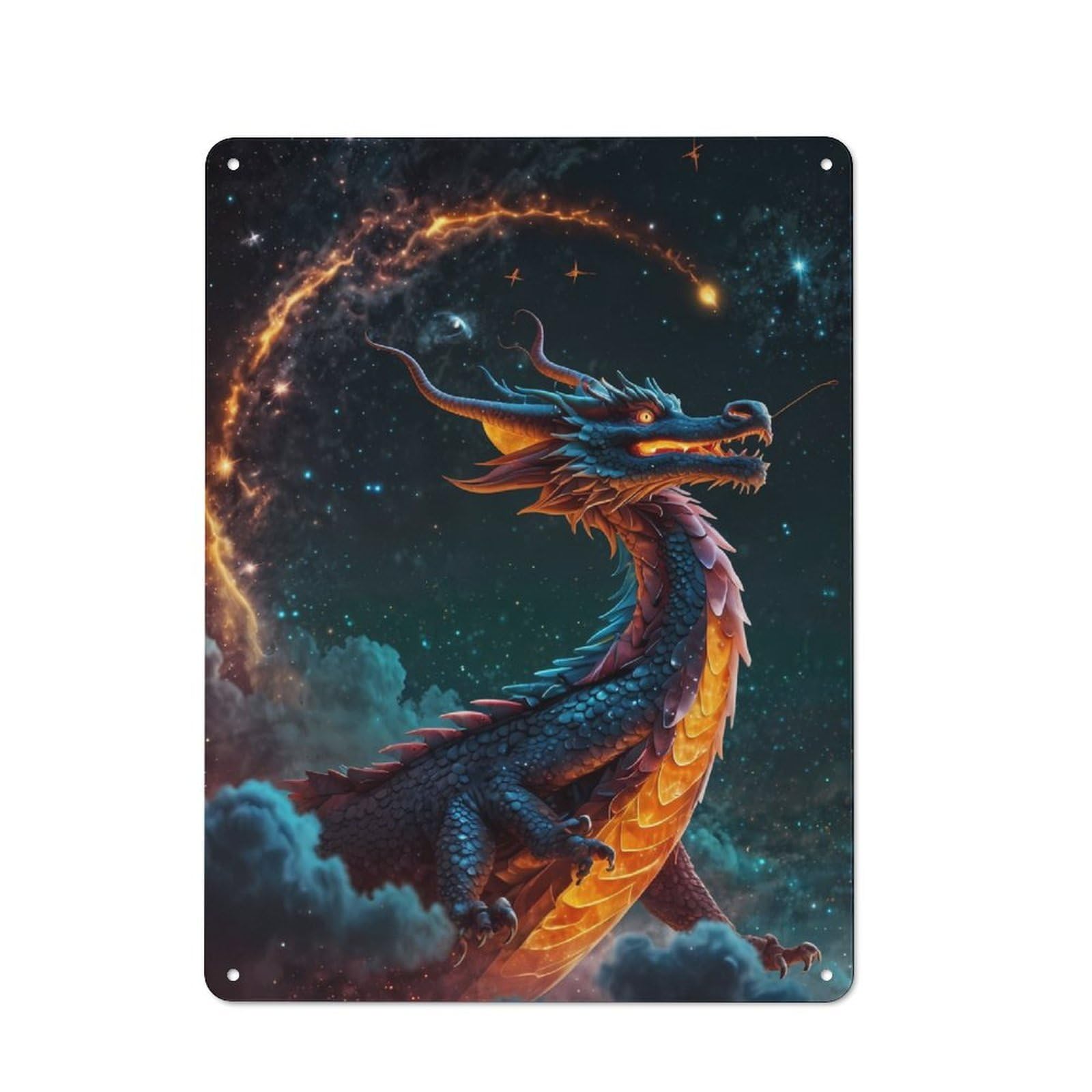 Modern Retro Metal Wall Art Sign 40x30cm Featuring Galactic Guardian Dragon, Urban Room Decor for Workspace, Cafe, Hallway Or Garage