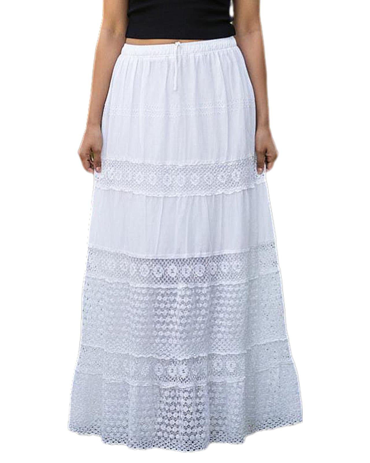 Women's Boho Tiered Cotton Maxi Skirt with Embroidered Lace Insets - Cream & Beige-image-8