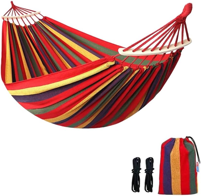 Cotton Canvas Hammock, Comfortable Fabric Camping Hammock with Tree Straps, Up to 440lbs with Travel Bag for Camping Outdoor/Indoor Patio Backyard(Orange&Yellow, with bar)