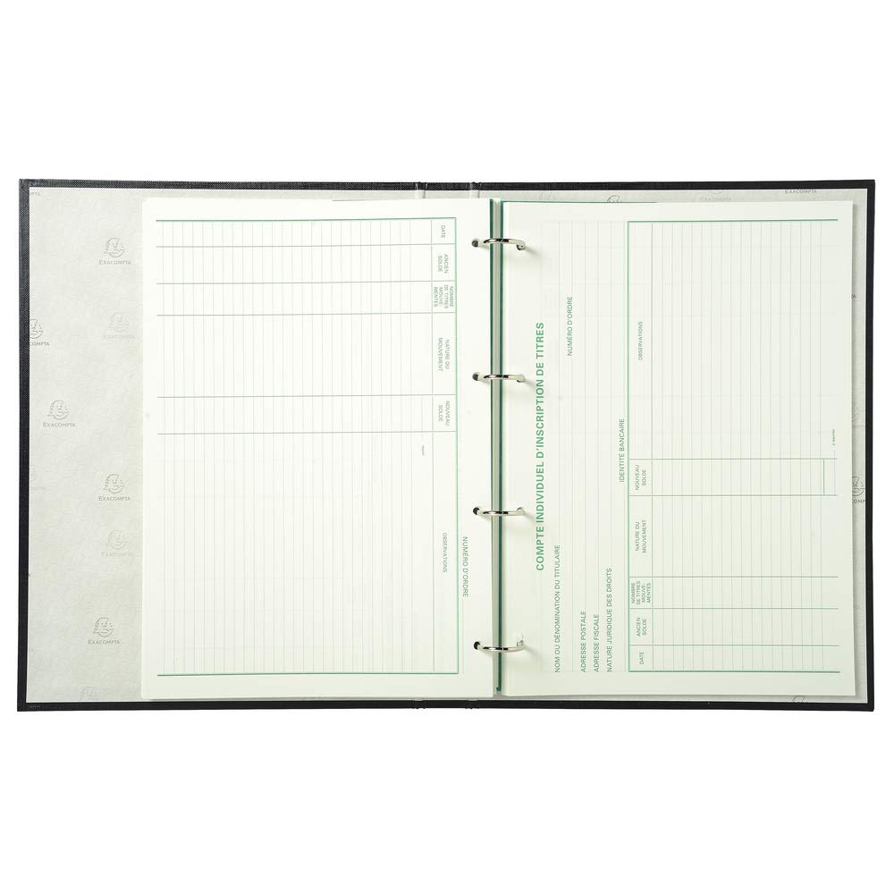Exacompta - Réf. 591E - 1 classeur juridique noir MOUVEMENTS DE TITRES - livré avec recharge 50 feuilles imprimées "Mouvements des titres"+ 50 feuilles imprimées comptes individuels d'actionnaires