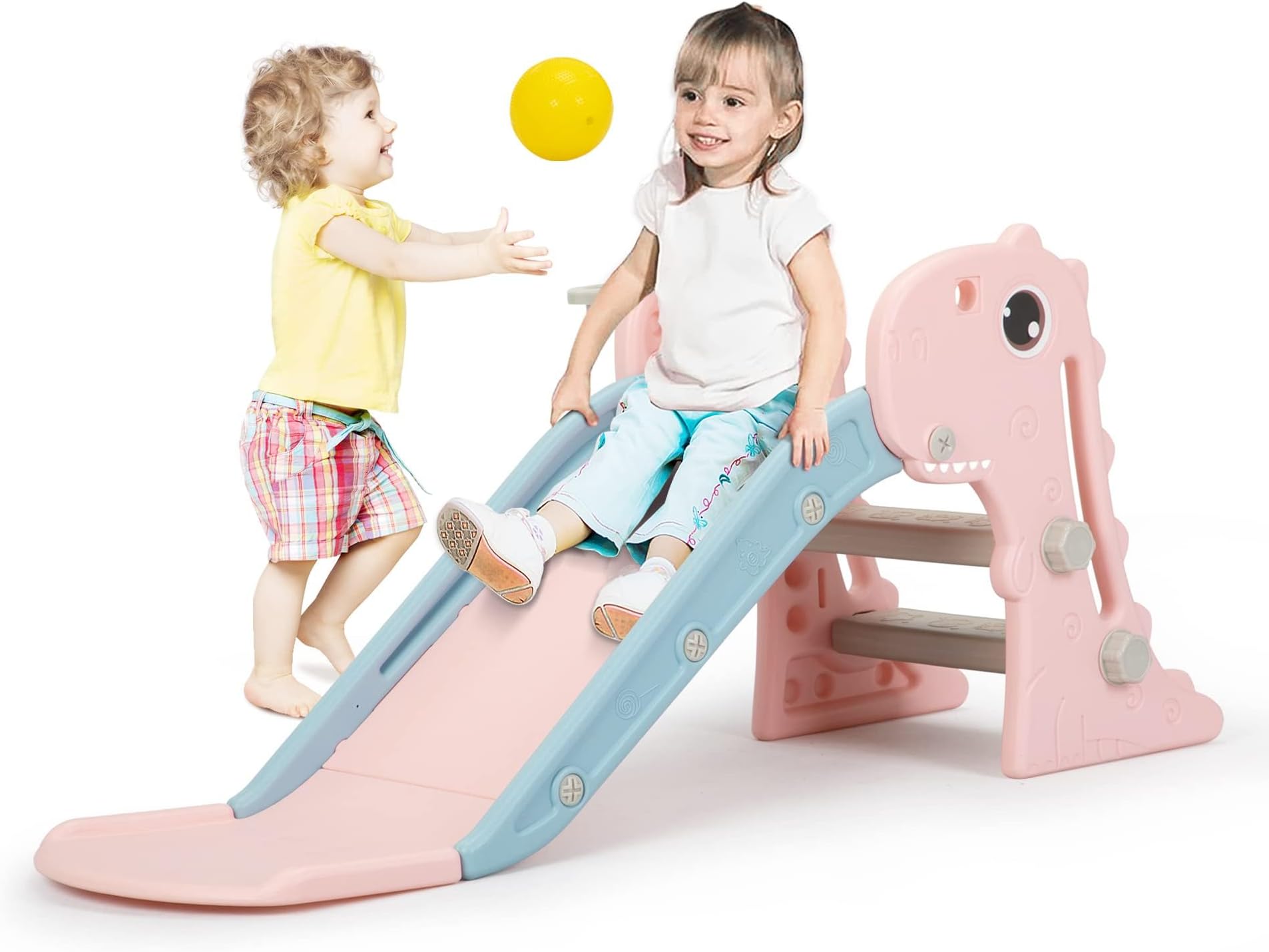 3 in 1 Toddler Slide for Boys Girls Age 1-3, Baby Slide Plastic Climber Playset with Basketball Hoop and Ball, Indoor Slide and Outdoor Playground Slide for Kids (3-in-1 Dinosaur PINK)