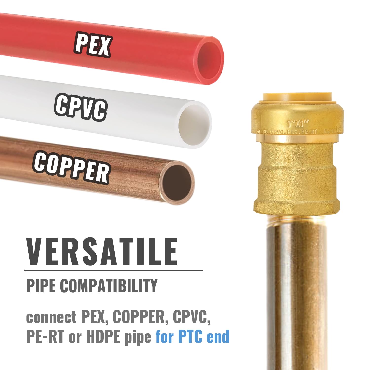 SUNGATOR Adaptador hembra Pushfit, adaptador FNPT de 1 pulgada x 1 pulgada, sin plomo, latón para conectar accesorios de fontanería para trabajar con Pex, cobre, CPVC, con 1 clip de desconexión,