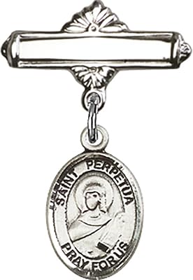 Sterling Silver Baby Badge with St. Perpetua Charm and Polished Badge Pin 1 X 5/8 inches