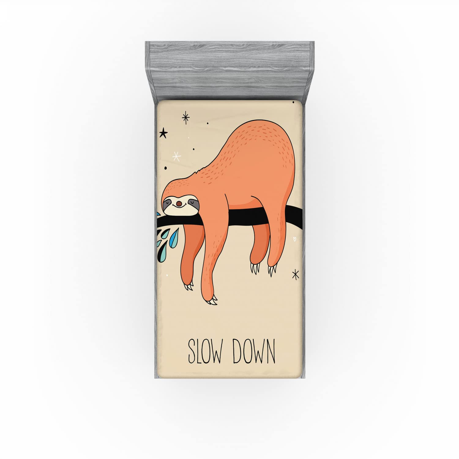 Ambesonne Animal 2 Pack Fitted Sheet, Sleepy Sloth Cartoon, Bed Cover All-Round Elastic Deep Pockets 2 Pieces, Package Contains 2 Twin XL Size Fitted Sheets, Orange Beige