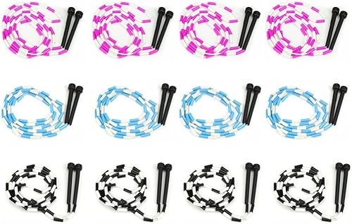 Paquete de 12 cuerdas de saltar en color rosa, azul, negro y blanco para ejercicio, cuerda de saltar al aire libre para niños, adultos y atletas,