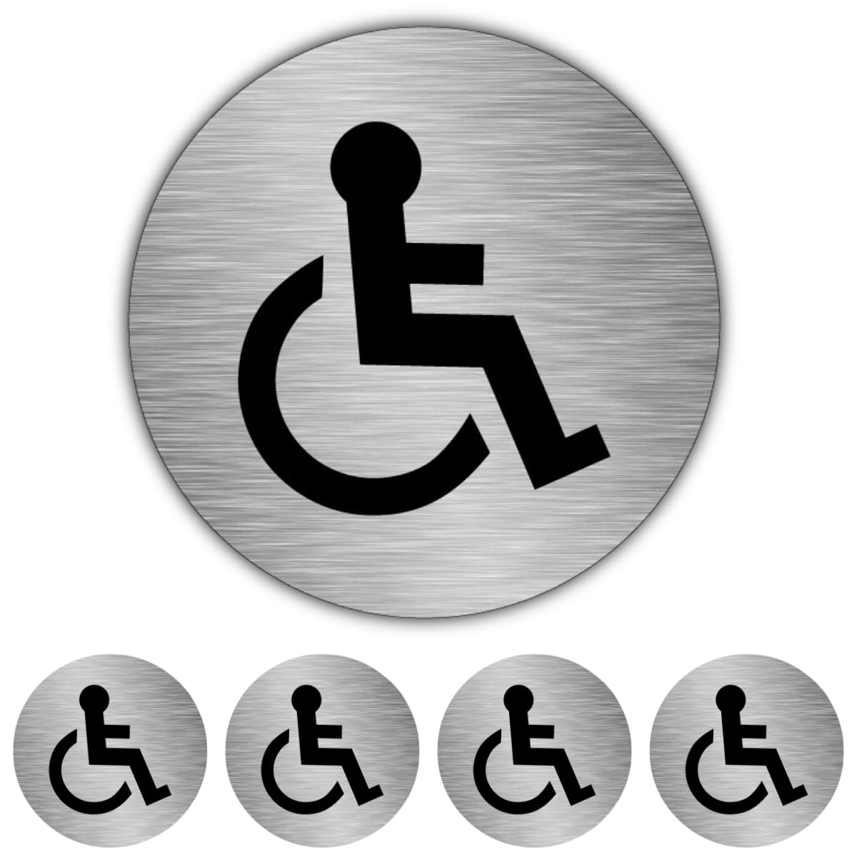 V Safety Disabled Toilet Sign with Self Adhesive Backing – 75mm Round Aluminium Accessible WC Door Sign Made in UK – Brushed Silver 0.5mm Metal – Single Sign or Packs of 5, 10, 20 (10)
