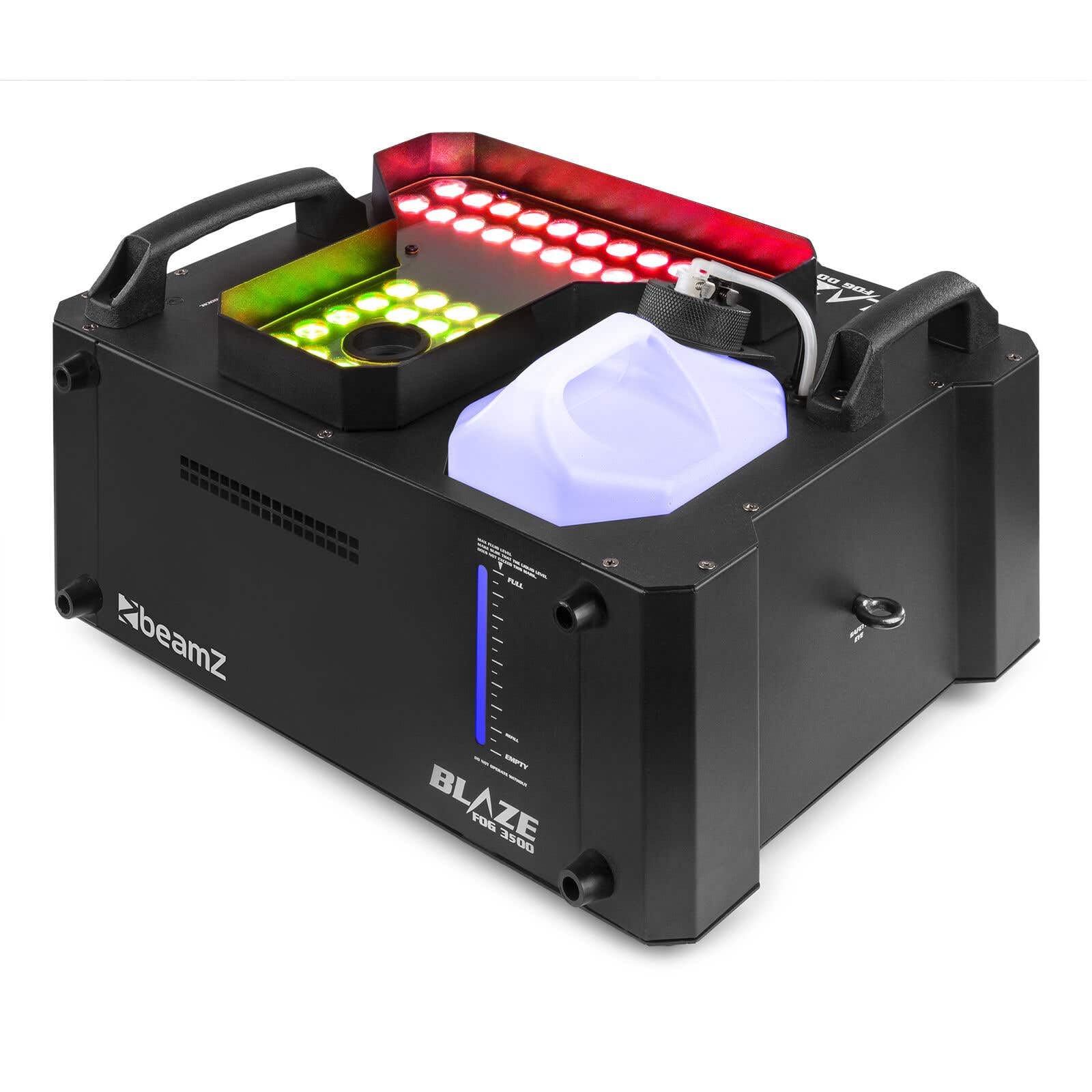 BeamZ BLAZE3500 Máquina de Humo Vertical 3500W, 48 LEDs RGBA, 1200 m³/min, Depósito 3,5L, DMX, Control Remoto, Efecto Discoteca, Humo ideal para crear atmosfera en eventos y escenarios