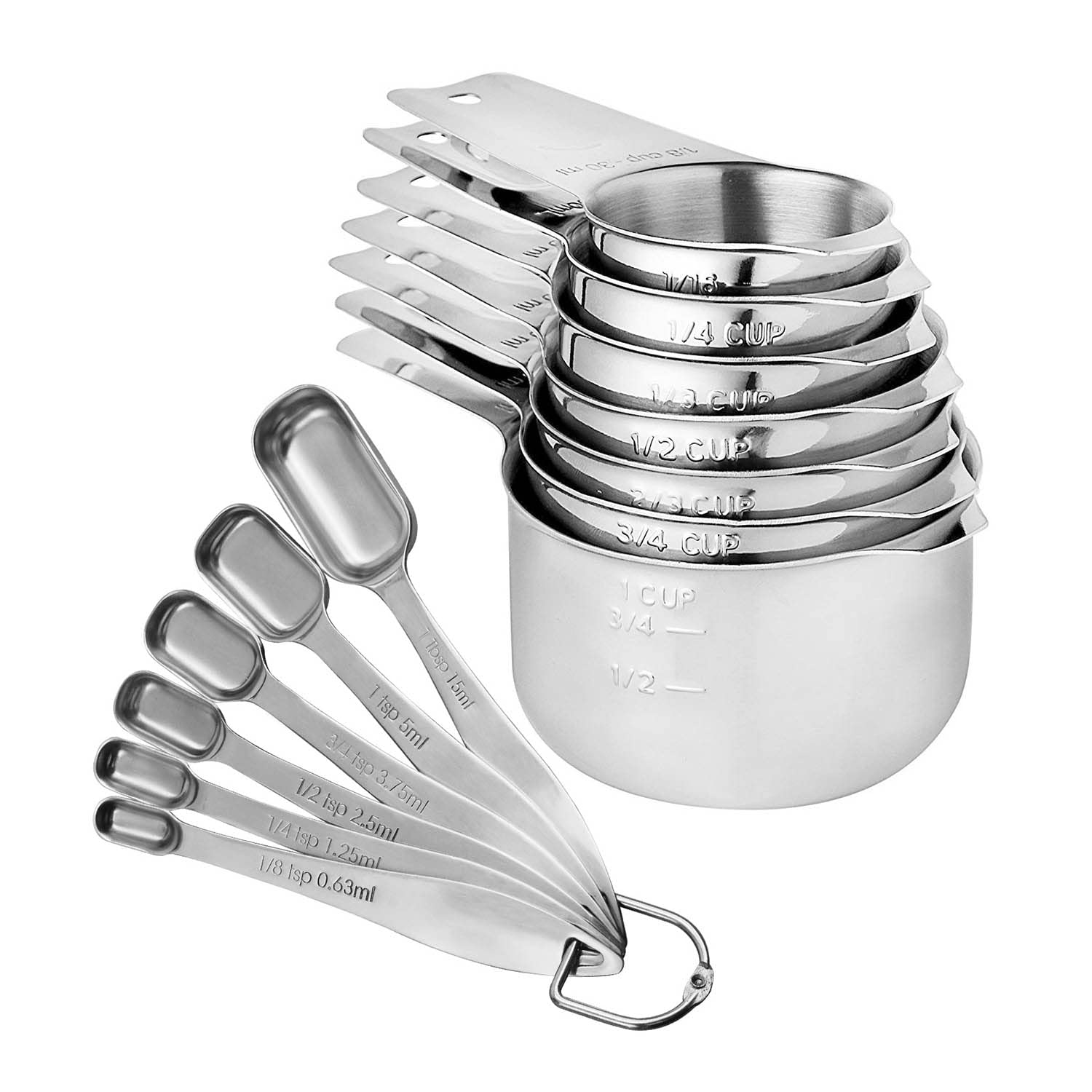 Lot de 13 Tasses et Cuillères à Mesurer en Acier Inoxydable 304 (18/8) Empilables Ustensiles de Cuisine Cuillère à Thé Carrée Robuste pour Séchage Humide