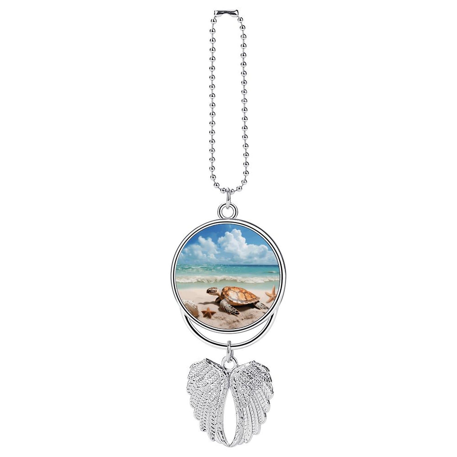 Sea Turtle Starfish Car Charm, Alloy Rear View Mirror Pendant, Bling Funny Car Hanging Ornament Gift for Women Men, Car Pendant Lucky Auto Interior Decoration Accessories Silver-Style