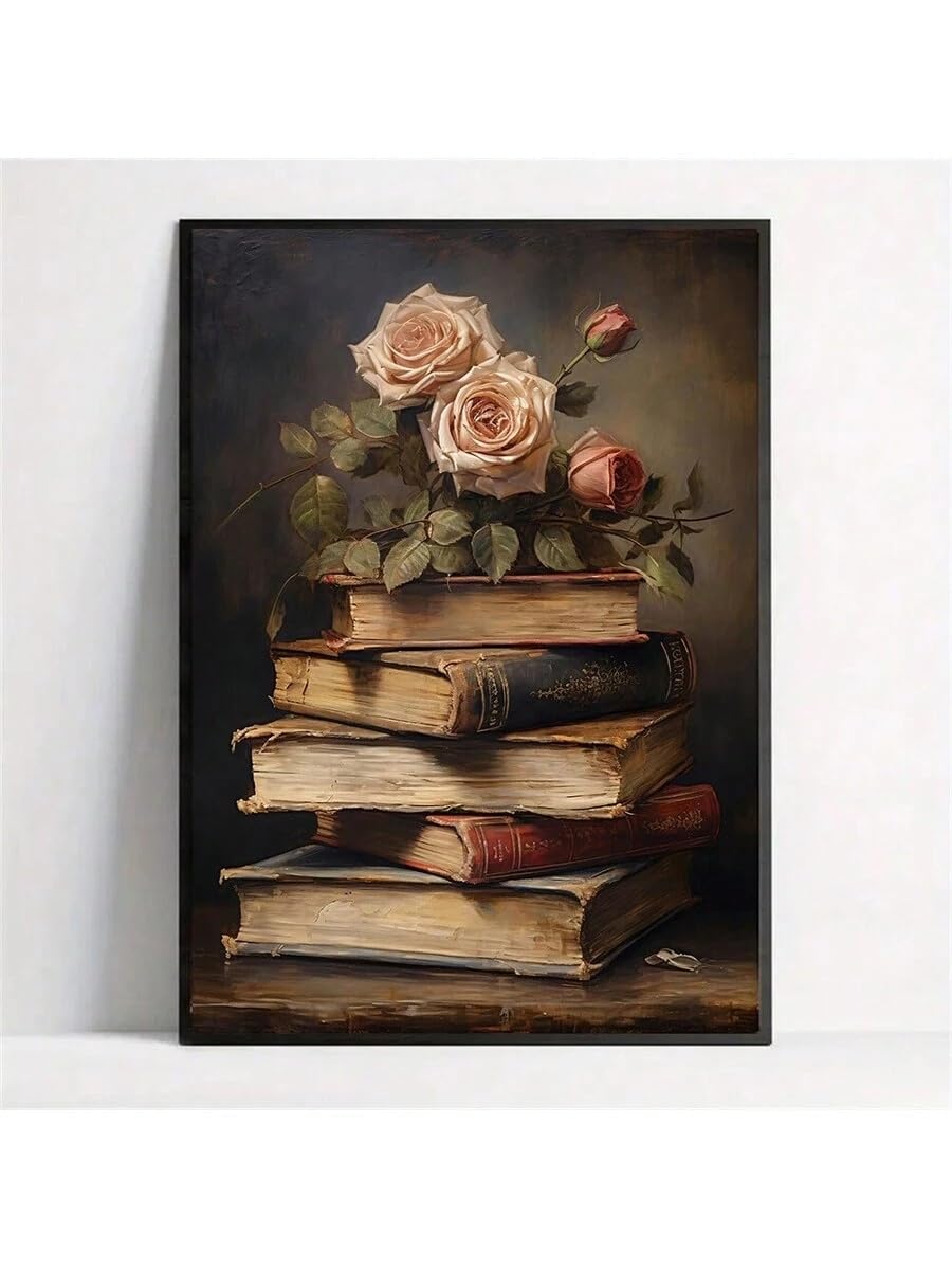 CHAOJIART Dark Academia Canvas Print - Wykwintna gotycka dekoracja ścienna inspirowana książkami i kwiatami nowoczesny plakat dla miłośników książek (70 x 100 cm / powlekane płótno)