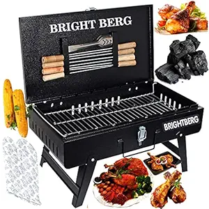 BRIGHTBERG Briefcase Barbeque Grill Charcoal Large Size Outdoor with Wooden Handle Set (Black) 1 BBQ, 1 Grill, 8 Skewers, 1 Tong | Picnic/Outdoor Parties/Roasting, Grilling Food